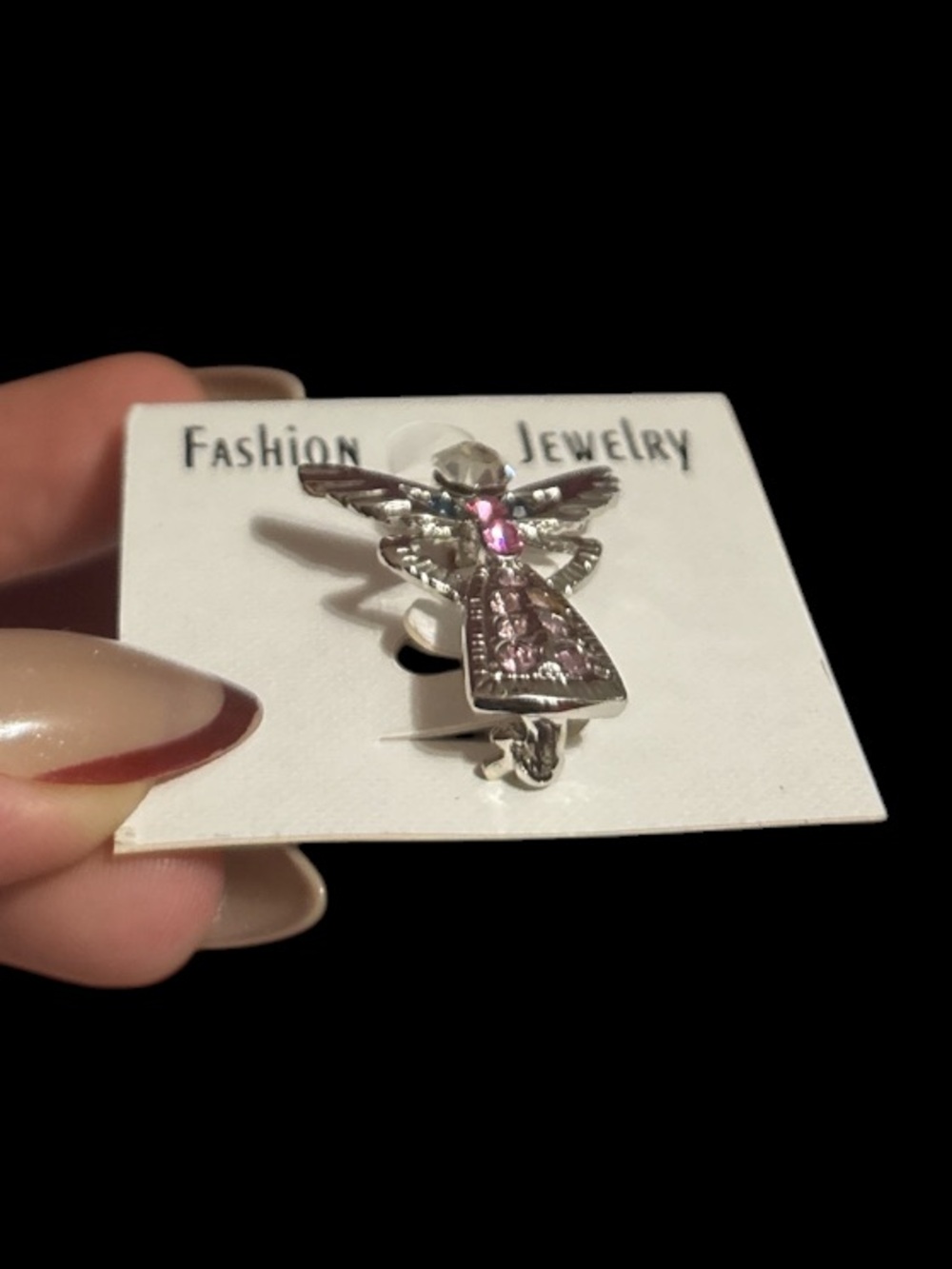 Silver Angel Brooch with Pink Crystals - Picture 3 of 4